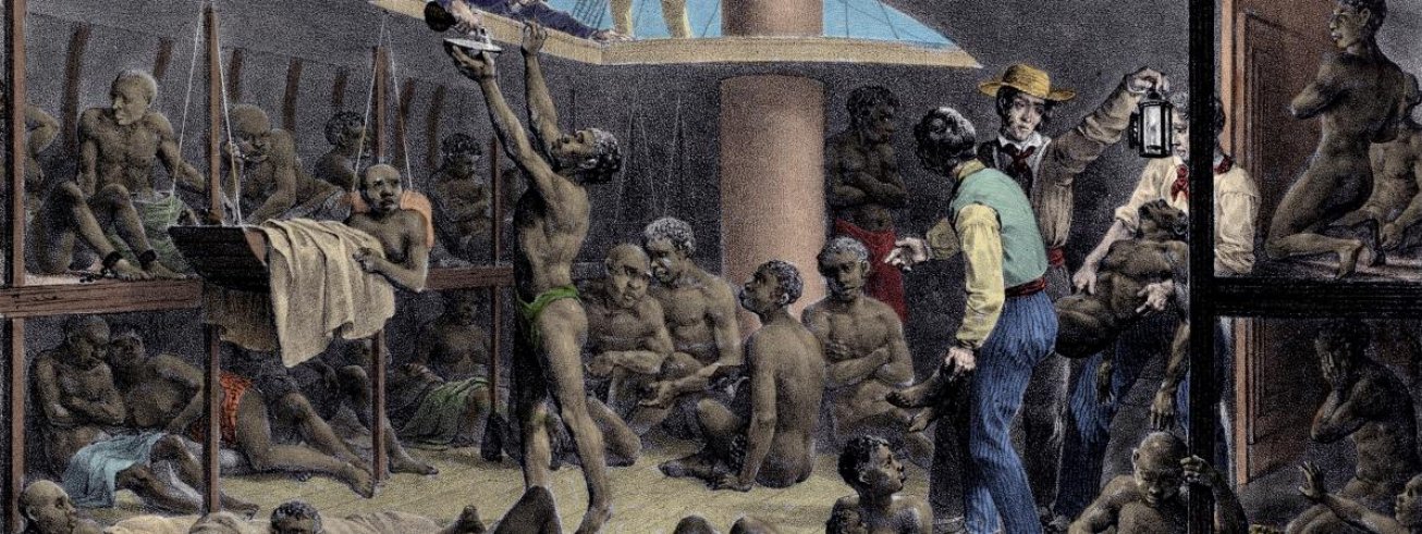 Illustration d'un transport d'esclaves sur un navire négrier. (Gravure du XIXe siècle)